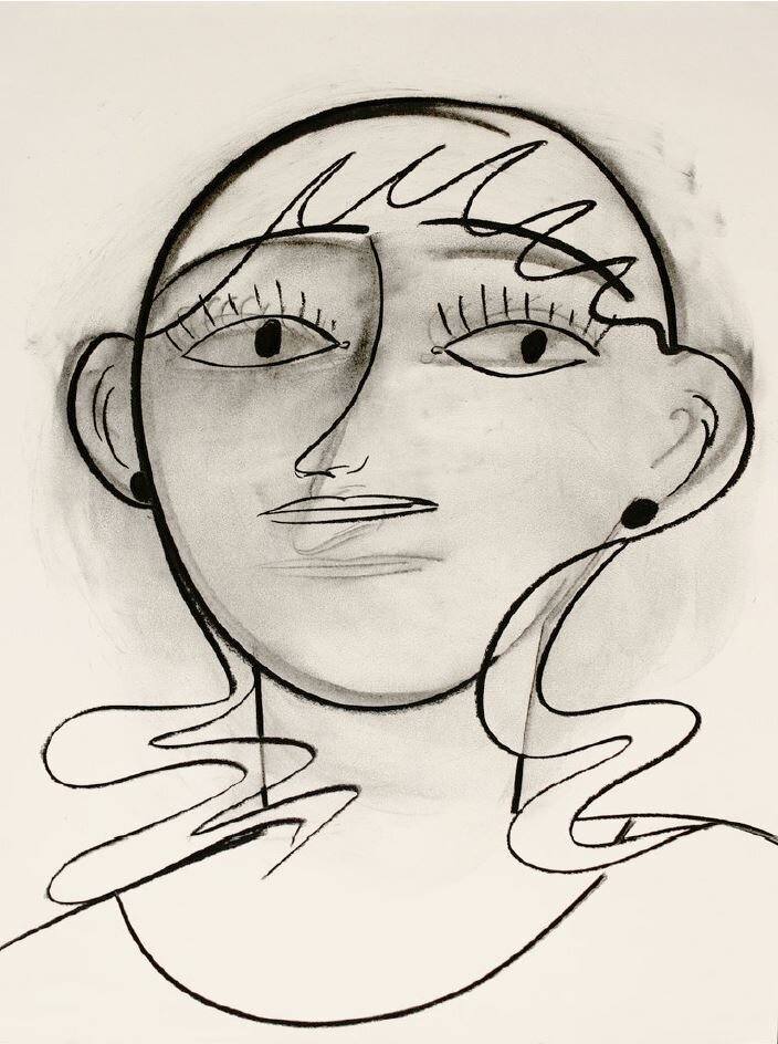 Charcoal sketch of a stylised head with hear and small black stud earrings