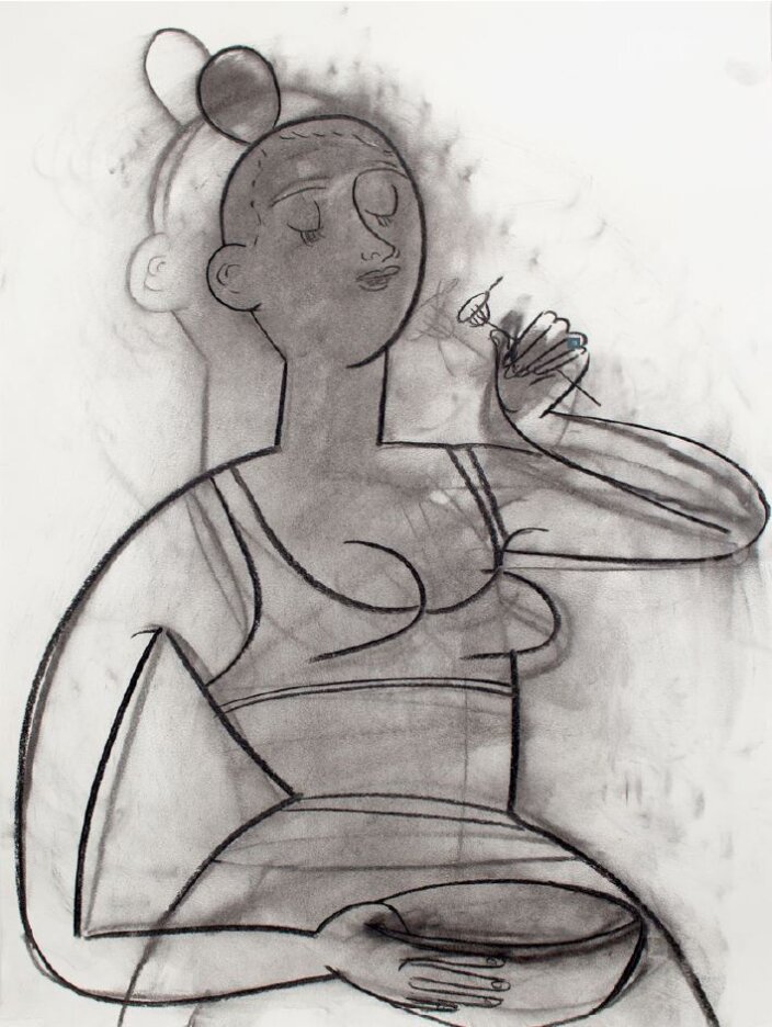 Charcoal sketch of a stylised female figure holding a bowl and eating
