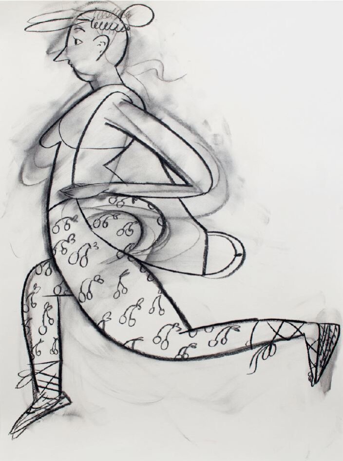 Charcoal sketch of a stylised female figure lunging in yoga pants