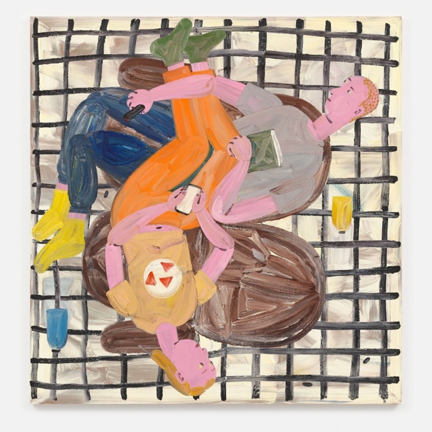 painting of two people on a sofa viewed from above and painted in large expressive brushstokes