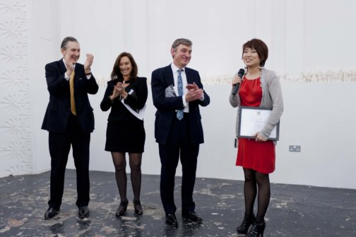 Zabludowicz Collection Future Map Prize winner Wei Wang with Jonty Colchester, Anita Zabludowicz and Nigel Carrington. Photo: Damian Griffiths